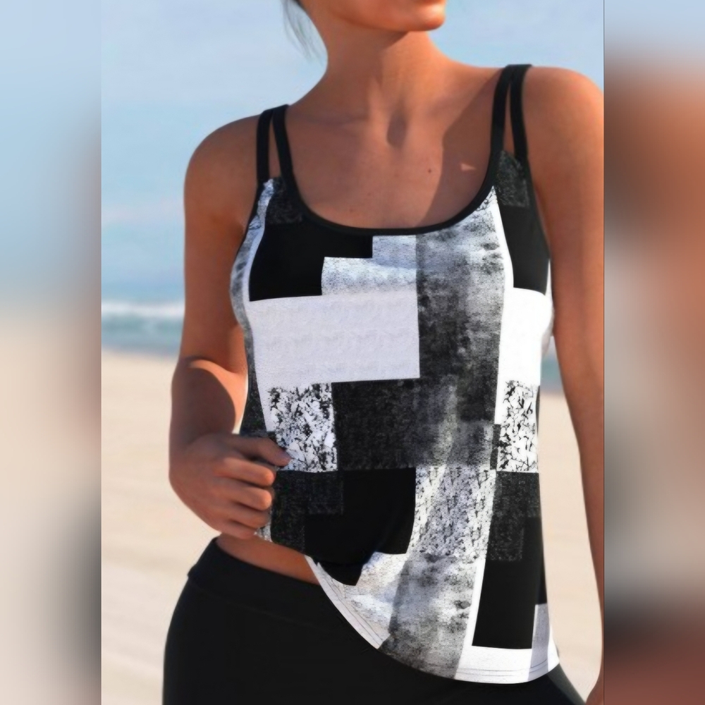 Black and white geometric tankini swim top Size Large
